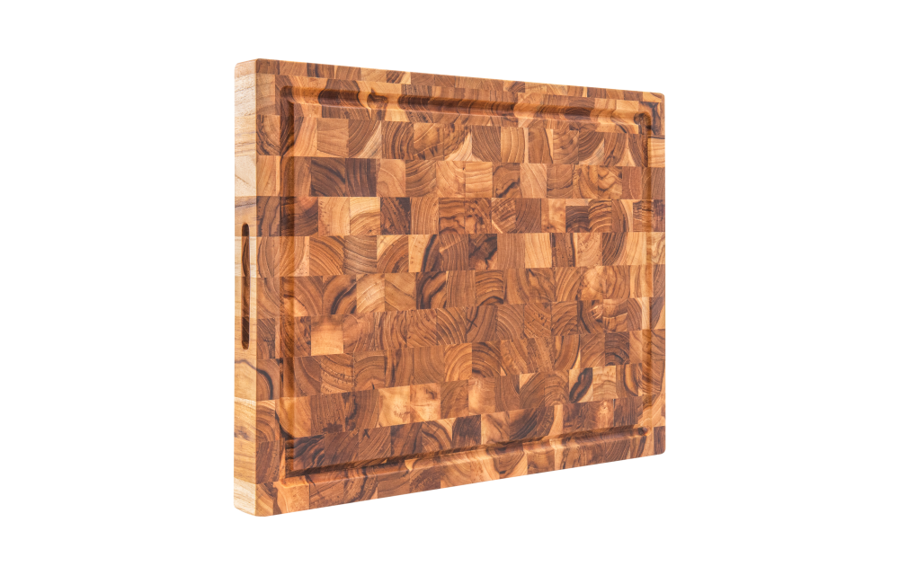 Rectangular End Grain Teak Wood Cutting Board with Juice Groove and Hand Grip